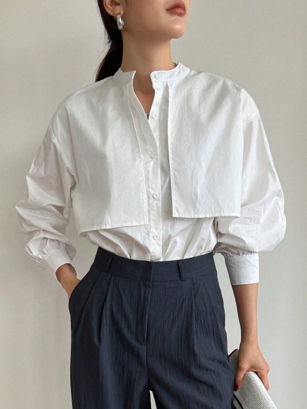 White Casual Oversized Drop Shoulder Button Stand Collar Long Sleeve Shirt - Picture 9 of 12